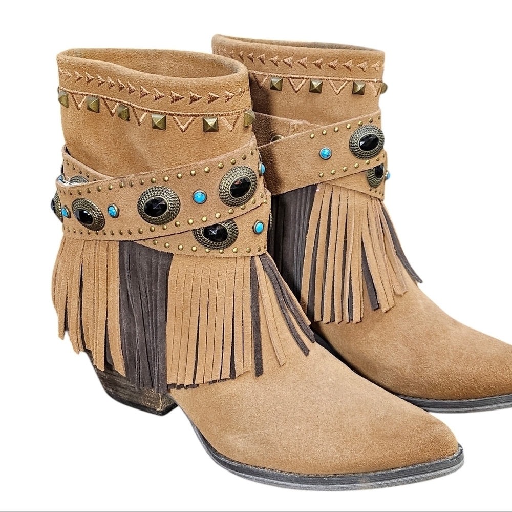 Sbicca Verse 100% Suede Leather Upper Fringe Embellished Boots Brown Size 8